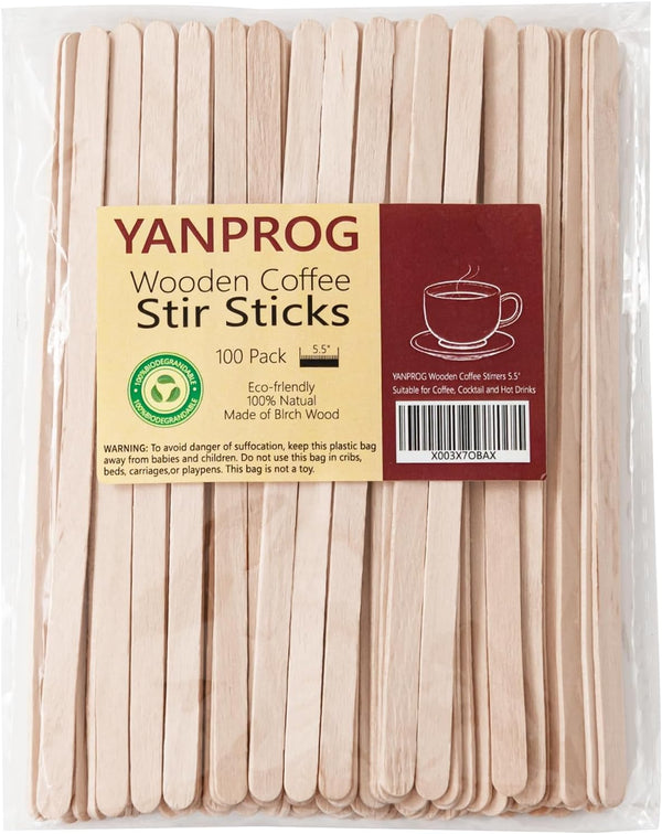 YANPROG Wooden Coffee Stirrers 5.5" Coffee Stir Sticks 100 Pcs, Natural Birch Round End Thick Birch Wood Eco-Friendly Suitable for Coffee, Cocktail and Hot Drinks
