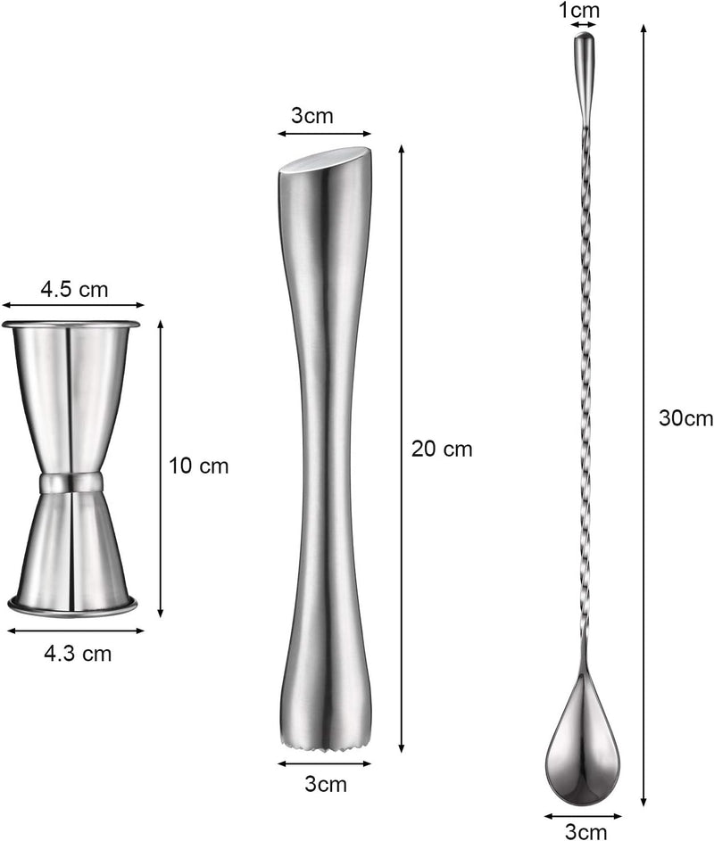 Boao Cocktail Shaker Set, Stainless Steel Cocktail Muddler, Double Cocktail Jigger and Spiral Pattern Bar Cocktail Shaker Mixing Spoon for Delicious Cocktails, Drinks, Juices