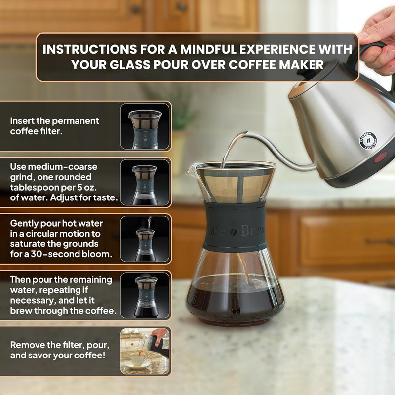 Café Brew Collection Pour Over Coffee Maker - 40 oz Borosilicate Glass Coffee Pot - BPA-Free - Dishwasher Safe - Mindful Coffee Brewing for Coffee Lovers