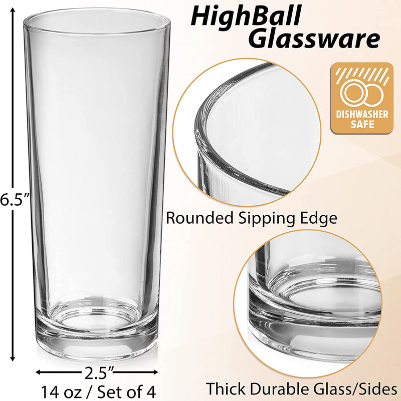 Obsidian Glassware Collins Glasses 14 Ounces - Seltzer Highball double Cocktail Glass Set of 4, Tall Skinny Strait Up Glasses.