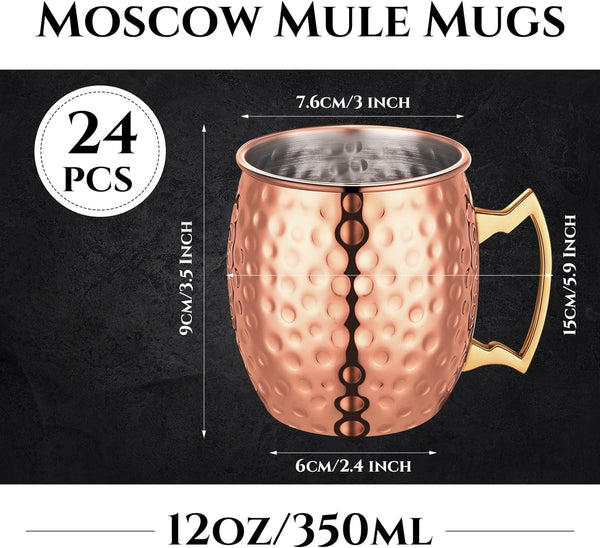 24 Pack Moscow Mule Mugs Set 12 oz Copper Cups Bulk Stainless Steel Moscow Mule Cup Tarnish Resistant Hammered Finish Cup Chilled Mule Coffee Mug for Cocktail Wedding Gift Drinkware (Rose Gold)