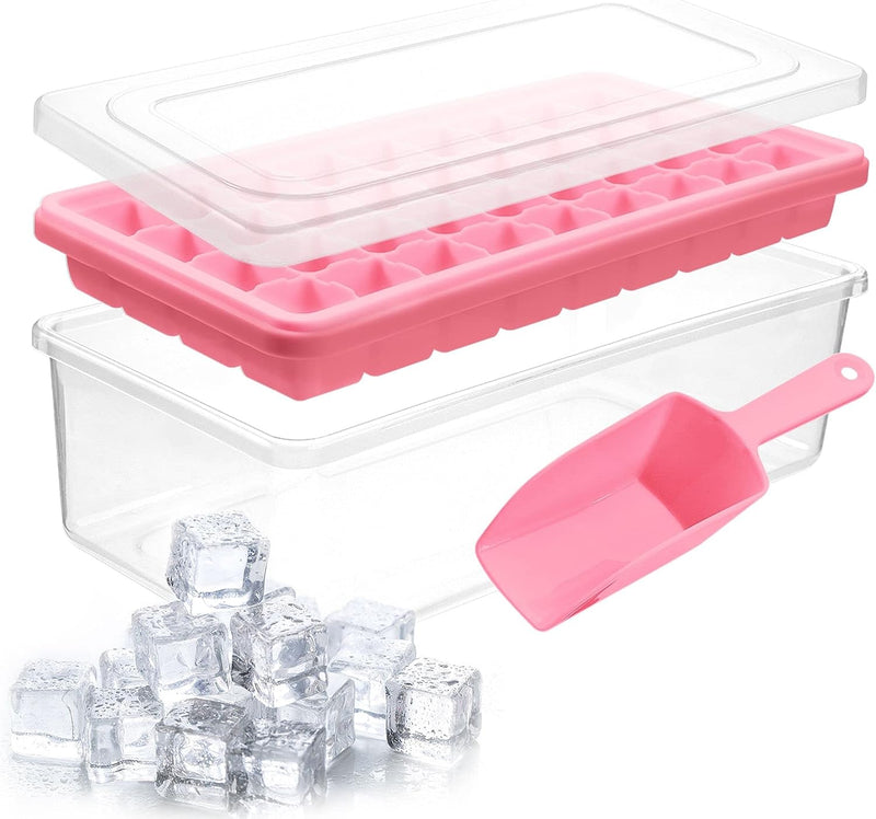 Yoove Ice Cube Tray with Lid and Bin | 4 Pack Silicone & Plastic Ice Cube Trays for Freezer | Silicone-Bottomed for Easy Cube Release | Stackable Ice Tray with Storage Ice Bucket Bin, Ice Tong & Scoop