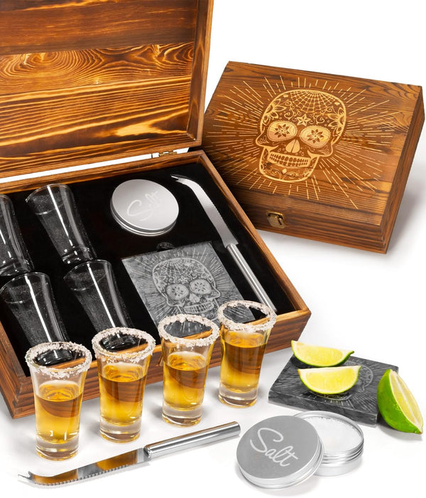 Atterstone Tequila Shot Glass Sugar Skull Wooden Box Set for Men and Women - 4 Premium Shot Glasses, Garnish Knife, Lime Cutting Stone, Salt Tin, Perfect for Themed Parties
