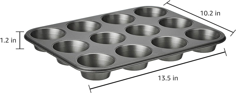 Amazon Basics Nonstick Round Muffin Baking Pan, 12 Cups, Set of 2, Gray, 13.9x10.55x1.22"