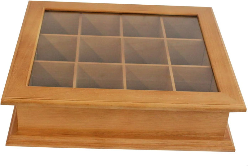 DisplayGifts Large Tea Bag Chest Cabinet/Tea Bag Spices Storage Box Glass Top Solid Solid Wood Oak Finish