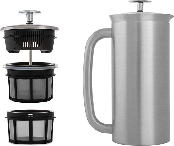 ESPRO - P7 French Press - Double Walled Stainless Steel Insulated Coffee and Tea Maker with Micro-Filter - Keep Drinks Hotter for Longer (Brushed Stainless Steel, 32 Oz) + ESPRO Coffee Paper Filters (100 Count)