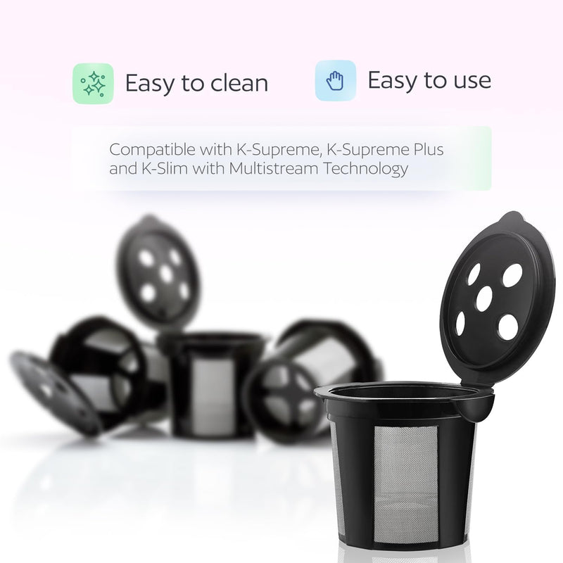 4 Reusable K Cups for Keurig K Supreme, K Supreme Plus and K Slim with Multistream Technology - 4 Black Refillable Kcups Coffee Filters for Keurig Coffee Makers