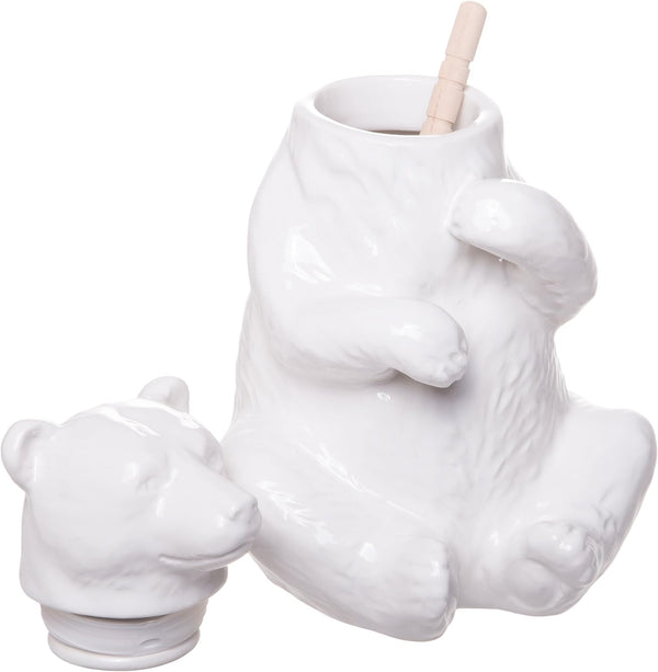 Red Co. Charming Ceramic Bear Honey Pot with Bamboo Honey Dipper, White, 7-inch