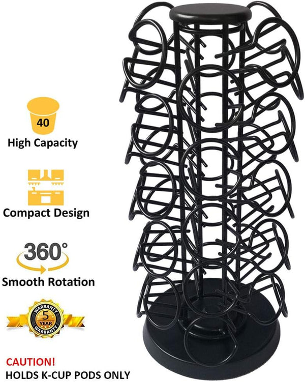 K Cups Holder,K Cup Carousel, Coffee Pods Storage Organizer Stand,Comes All in One Piece,No Assembly Required,1 Count,Black (Capacity of 40 Pods, Black)