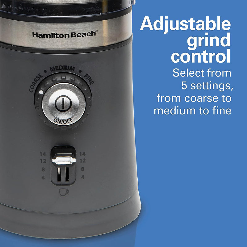 Hamilton Beach Electric Coffee Grinder for Beans, Spices and More, with Multiple Grind Settings for up to 14 Cups, Removable Stainless Steel Chamber, Grey (80396C), 10 oz