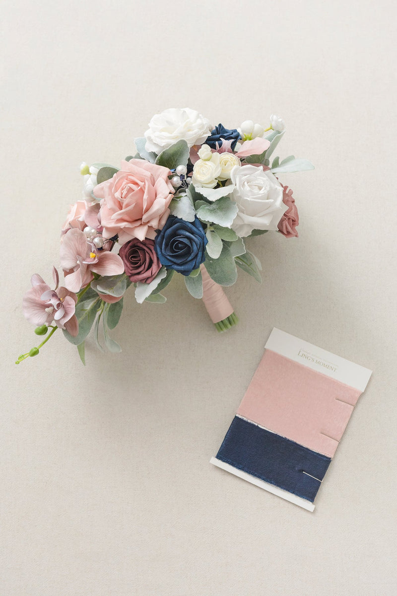 Dusty Rose Navy Bridal Bouquet - Standard Cascade