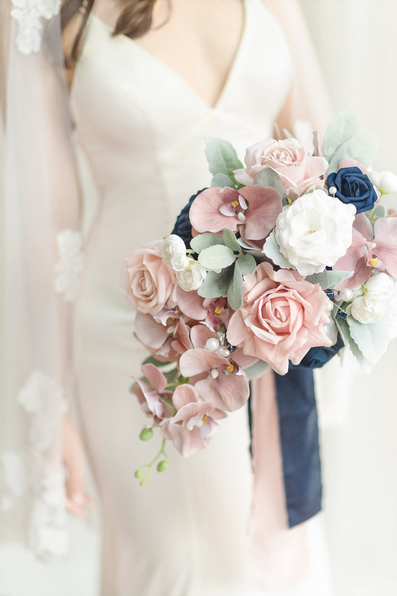 Dusty Rose Navy Bridal Bouquet - Standard Cascade