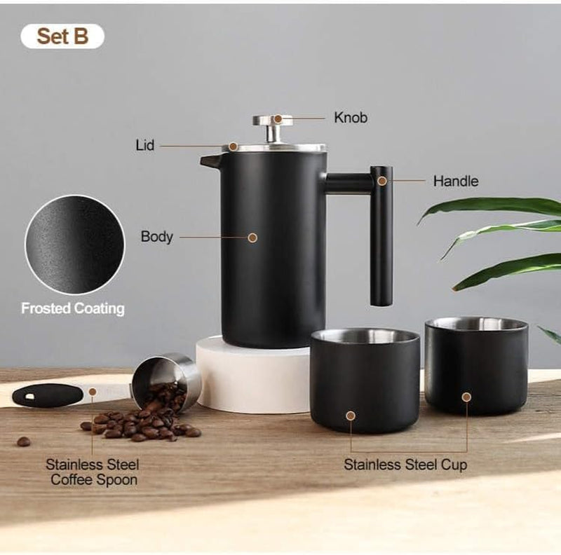 4 Pcs Stainless Steel French Press Coffee Maker Gift Set Travel Size Camping Coffee Set Coffee Lover Christmas Gift Set (SET B MATT BLACK)