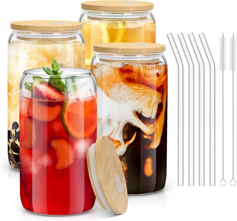 sungwoo Glass Cups with Bamboo Lids and Straws, 16OZ Ice Coffee Cup, Drinking Cup set with Wooden Lids, Home Essential Glass Tumblers for Beer, Cocktail, Tea and Latte Clear 4 Pack