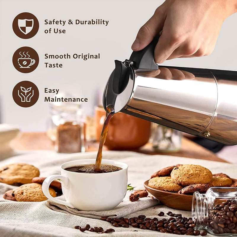 Coffee Pot, Stainless Steel Moka Pot Italian Coffee Maker 6 cup/10 OZ Stovetop Espresso Maker for Gas or Electric Ceramic Stovetop Camping Manual Cuban Coffee Percolator for Cappuccino or Latte