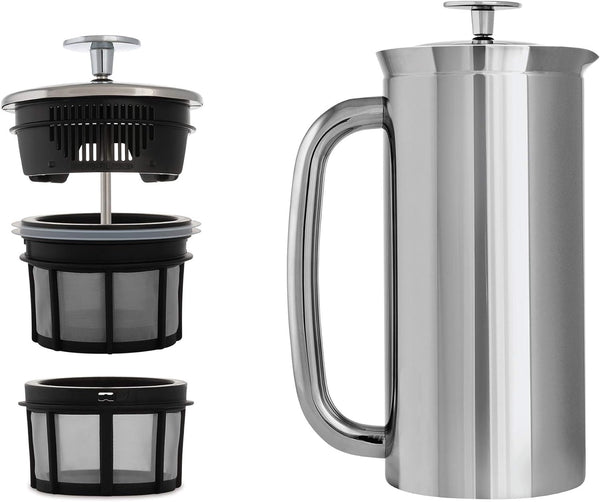 ESPRO - P7 French Press - Double Walled Stainless Steel Insulated Coffee and Tea Maker with Micro-Filter - Keep Drinks Hotter for Longer (Polished Stainless Steel, 18 Oz) + ESPRO Coffee Paper Filters (100 Count)