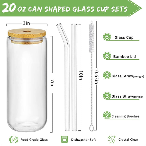 20 Oz Drinking Glasses with Bamboo Lids and Glass Straw - 6 Pcs Can Shaped Glass Cups Beer & Ice Coffee Glasses Cute Tumbler Cup Great for Soda Boba Tea Cocktail Include 2 Cleaning Brushes