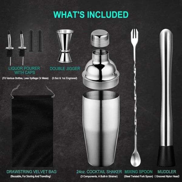 24 oz Cocktail Shaker Set Bartender Kit by Aozita, Stainless Steel Martini Shaker, Mixing Spoon, Muddler, Measuring Jigger, Liquor Pourers with Dust Caps and Manual of Recipes, Professional Bar Tools