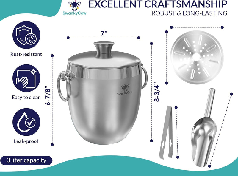 SwankyCow Insulated Ice Bucket with Handles - 4 Quart/3.8 L - Stainless Steel - Vacuum Sealed with Two Walls - Leakproof - Comes with Lid, Tongs, Scoop, Strainer, and Silicone Coaster.