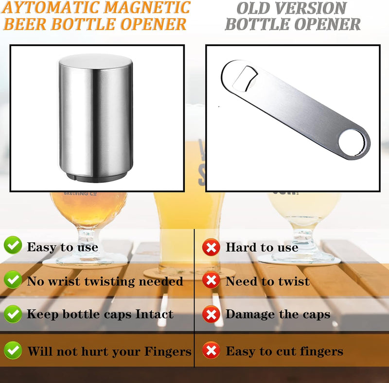 Premium Automatic Beer Bottle Opener (Stainless Steel), No Damage to Caps, Portable Push Down and Pop Off Magnetic Cap Catcher, QUICK Fun Bartender Openning Tool for Corkscrew Lid Home Bars Kitchen