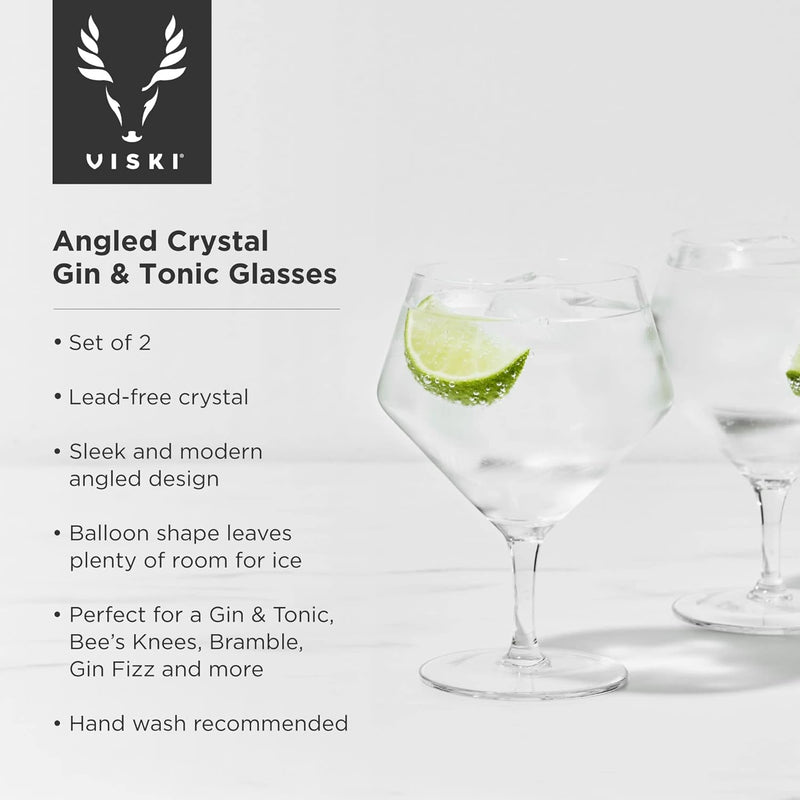 Viski Angled Stemmed Gin & Tonic Glasses, Highball glasses, Cocktail Glasses, Vodka Tonic Glasses, Gin Glasses for Gin Lovers Gift set of 2, 14oz, Clear