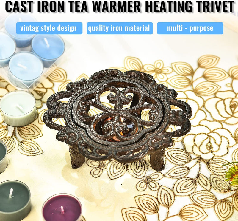 Sungmor Cast Iron Teapot Warmer Dish Cups Heater Pot Trivet - Rustic & Graceful Pattern Design with Tealight Holder - Heavy Duty & Decorative Candle Holder Stands for Heat Food Coffee Milk or Tea