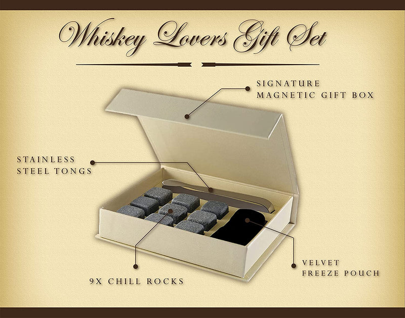 Set of 9 Grey Beverage Chilling Stones [Chill Rocks] Whiskey Stones for Whiskey and Other Beverages - in Gift Box with Velvet Carrying Pouch - Made of 100% Pure Soapstone - by Quiseen