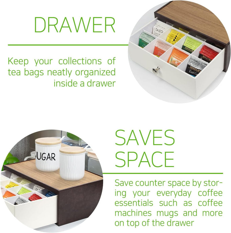 J JACKCUBE DESIGN Tea Bag Organizer for Countertop with Drawer, Tea Storage Organizer with 12 Compartments(Brown/White) - MK353A