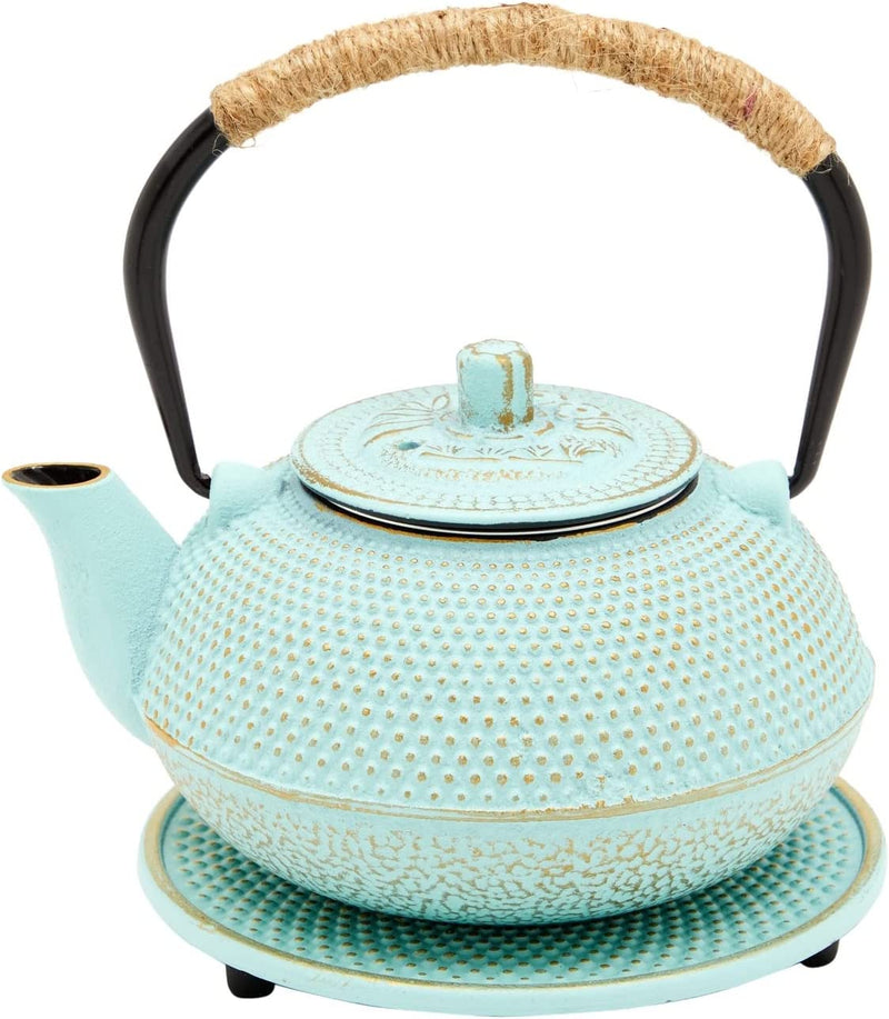 Cast Iron Teapot with Infuser - Japanese Tea Kettle, Loose Leaf Tetsubin with Handle and Trivet (Green, 3 Pcs, holds 27 oz, 800 ml)