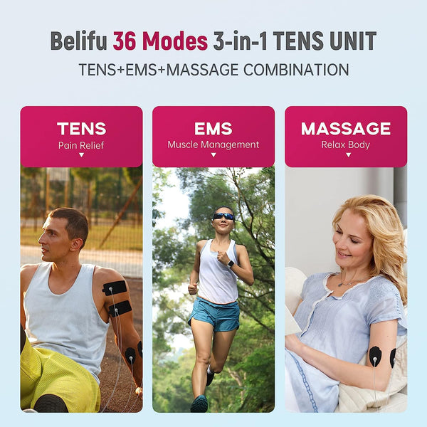 Belifu 3-in-1 36 Modes TENS EMS Unit, Muscle Stimulator TENS Machine for Pain Relief, Dual Channel Electronic Pulse Massager Muscle Massager for Lower Back Neck Shoulder Pain Relief with 10 Pads