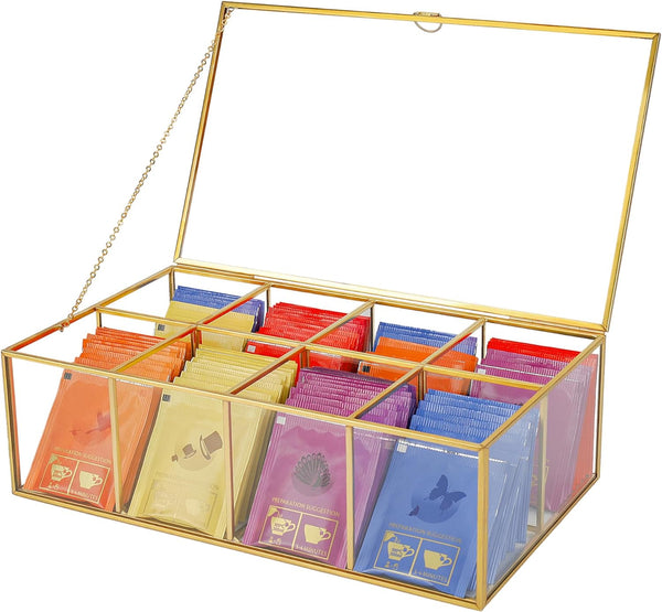 REDHUGO Glass Tea Bag Organizer with 8 Compartments, Handmade Large Tea Bag Storage Box for Counter Kitchen, Tea Bag Holder,Tea Storage Containers with Lid,Tea Accessories Gifts for Tea Drinkers,Gold