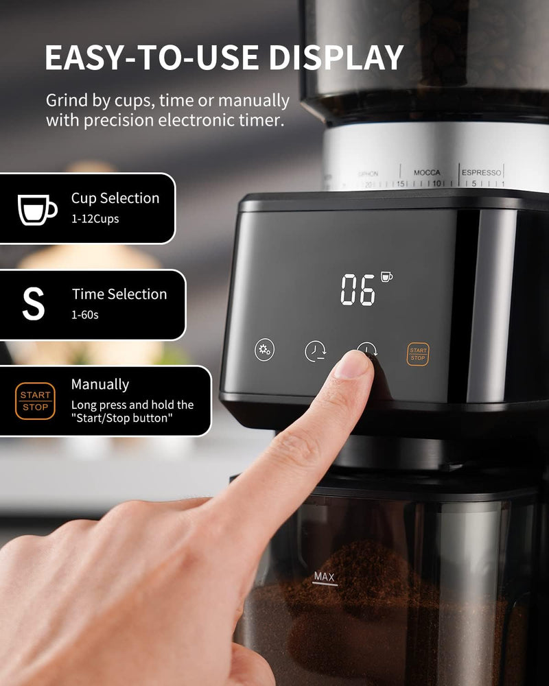 SHARDOR Anti-static Conical Burr Coffee Bean Grinder for Espresso with Precision Timer, Touchscreen Adjustable Electric Burr Mill with 51 Precise Settings for Home Use, Brushed Stainless Steel