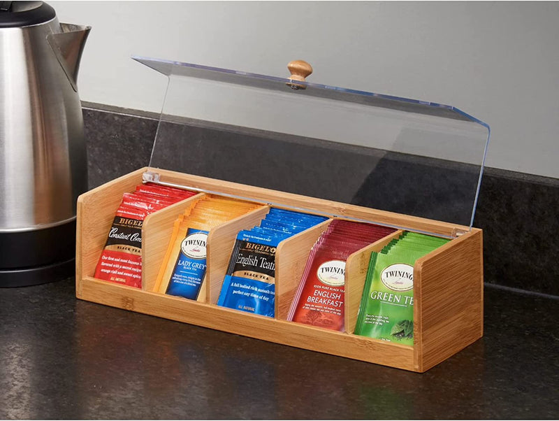 Nifty Solutions Bamboo Tea Box | 5 Compartment Tea Bag Storage | Stores up to 100 Tea Packets | Natural Wooden Tea Box | Tea Storage Containers | Organize Tea, Jewelry & Small Items