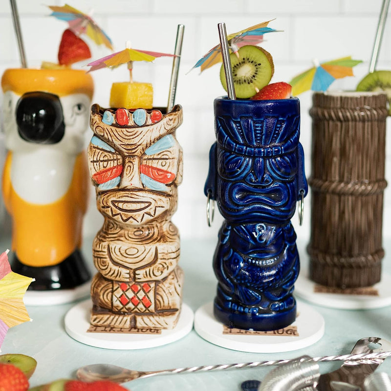 Set of 4 Tiki Mugs, Barware Tool Set Includes Cocktail Shaker, Jigger, Howthorne Strainer, Mixing Spoon, Drink Umbrellas, 4 Tiki Coasters, 4 Metal Straws