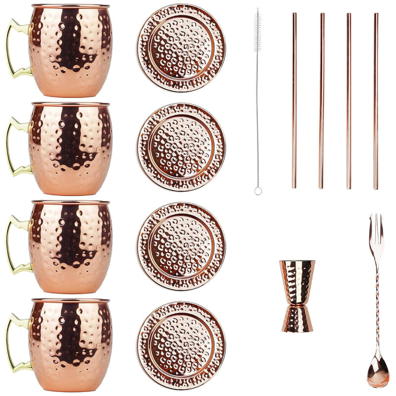 PG Moscow Mule/Cocktail Bar Set, 15-pc Copper/Rose Gold Color, High Grade SS, w/4x Moscow Mule Mugs, 4x Straws w/cleaner, 4x REAL STAINLESS Coasters, 1x Double-Jigger 1x Double-head Stirrer