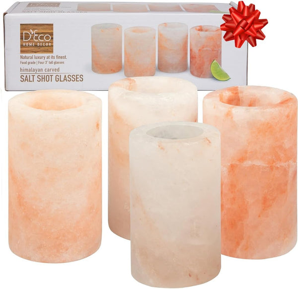 D'Eco Himalayan Salt Shot Glasses (4 Pack) - Hand-Carved 3" All-Natural Pink Salt Tequila Shooters - Add light salt flavor to any drink without the mess - Holiday Party Exchange & Christmas Gift Idea
