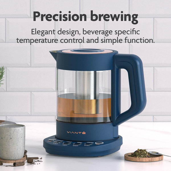 Vianté Hot Tea Maker Electric Glass Kettle with tea infuser and temperature control. Automatic Shut off. Brewing Programs for your favorite teas and Coffee. 1.5 Liters capacity. | Midnight Blue Color