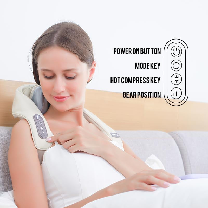 Neck and Shoulder Massager,Shiatsu Back Massager with Heat, Wireless Deep Kneading Massage for Neck, Back, Shoulder, Leg, Suitable for Office, Home and Travel. (Off White)