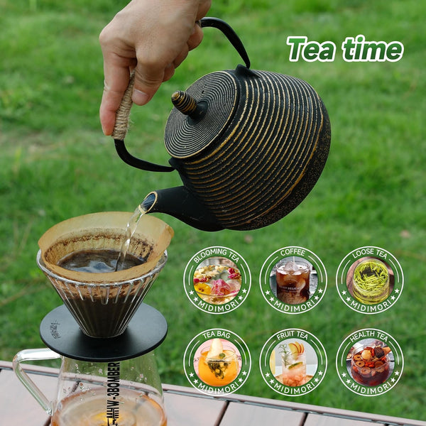 Cast Iron Teapot with Teapot Lid Clip - MIDIMORI Japanese Cast Iron Tea Kettle Stovetop Coated with Enameled Interior, ANNUAL RING Pattern Tea Pot with Infusers for Loose Tea (34 Ounce /1000 ml)