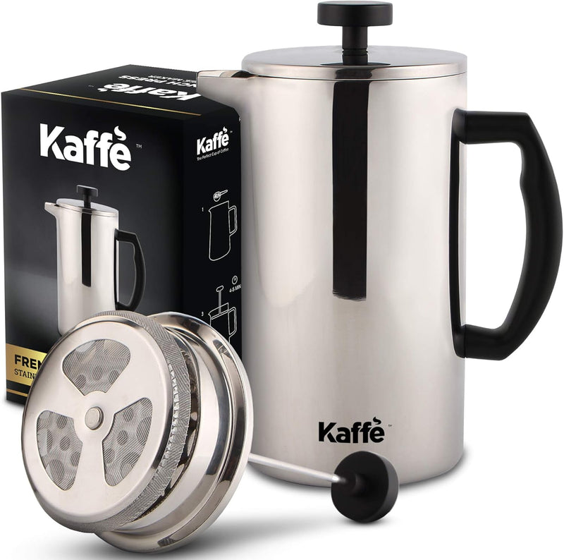 Kaffe Large French Press Coffee Maker & Camping Coffee Pot - Double-Wall Stainless Steel Tea & Coffee Press with Extra Filter - Perfect Travel & Camping Cookware (6 cups / 0.8L)