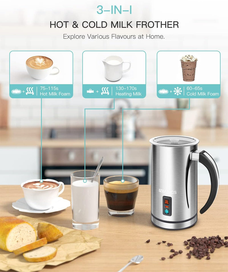 EZBASICS Milk Frother, Electric Milk Steamer, 8.4oz/250ml Automatic Hot and Cold Foam Maker, Milk Warmer for Coffee, Latte, Cappuccinos with Two Whisks for Frothing and Heating Milk, Sliver