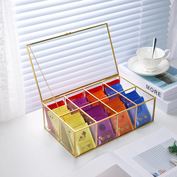 REDHUGO Glass Tea Bag Organizer with 8 Compartments, Handmade Large Tea Bag Storage Box for Counter Kitchen, Tea Bag Holder,Tea Storage Containers with Lid,Tea Accessories Gifts for Tea Drinkers,Gold