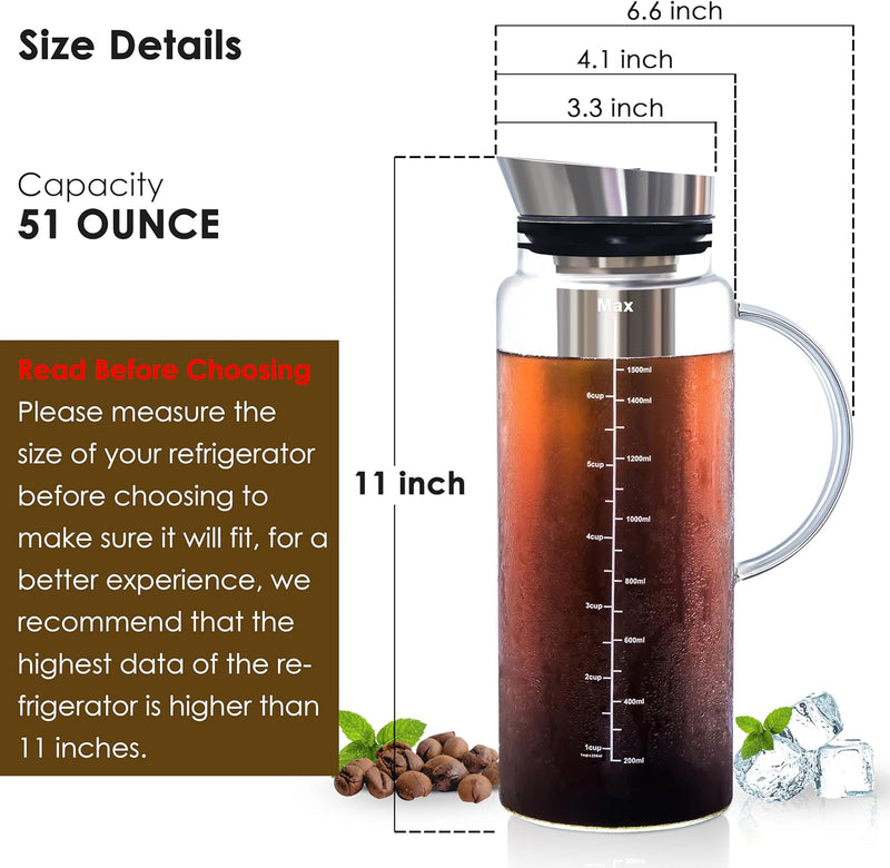 Aquach Cold Brew Coffee Iced Tea Maker & Fruit Pitcher - Large Capacity 51 Ounces - with Durable Glass Carafe/Fine Mesh Steel Infuser/Airtight Lid