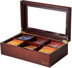 Pttgmkr Tea Chest Box, Tea Bag Cabinet, Organizer Box, Luxury Wooden Tea Storage Chest, 6 Compartment Tea Bags Organizer Container with Glass Window, Brown