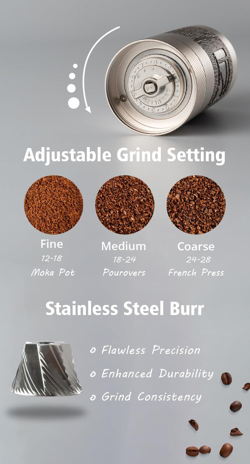 1Zpresso Q2 S Manual Coffee Grinder Heptagonal Version, Foldable Handle, Mini Slim Travel Sized Fits in the plunger of AeroPress, Assembly Stainless Steel Conical Burr, Numerical Adjustable Setting