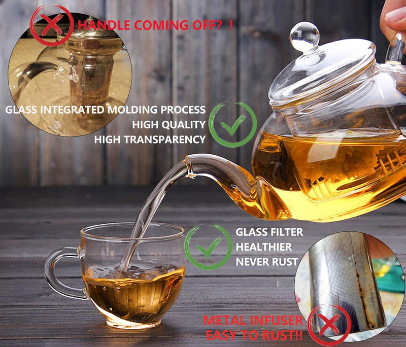 Adorable Full Glass Kettle Teapot Set with Removable Infuser Strainer and 4 Cups and Saucers and Heart Shaped Candle Holder Warmer Heating Base for Tea Blooming Loose Leaf Home Women Gift