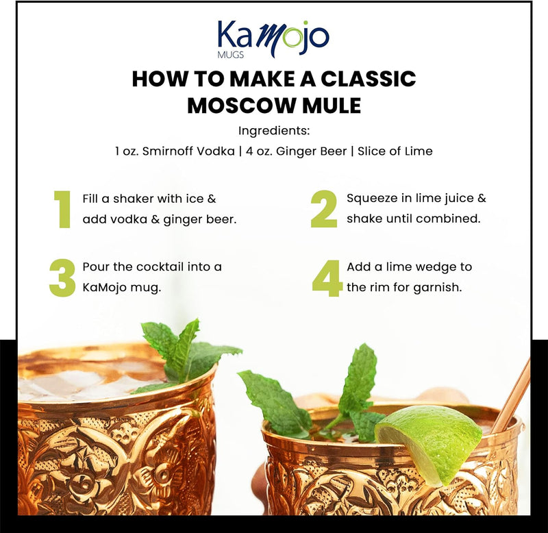 Kamojo Moscow Mule Mugs Set of 2 - Premium Moscow Mule Copper Mugs with Unique Embossed Design & Anti-Tarnish, Food-Grade Coating - Copper Cups Gift Set with 2 Copper Straws & Recipe E-Book, 16 oz