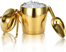 Ice Bucket Champagne Bucket with Tongs Scoop Lid, Wine Bar Freezer Ice Bucket with Stand with Carrying Handle, Stainless Steel Mirror Bucket Champagne Bucket for Parties Bar Home,2L (Gold)
