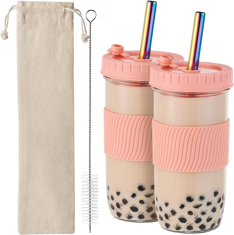 Amyoole 2 Pack Reusable Boba Cup,24Oz Wide Mouth Smoothie Cup,mason Jar Glass Cups with Lids and Straws,Bubble/Boba Tea Cups,Ice Coffee Tumbler 2 colored straws 1 sponge brush(Purple)