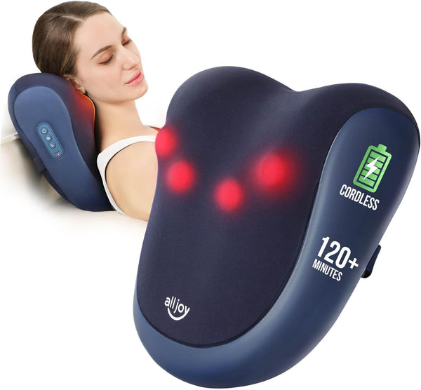 ALLJOY Cordless Shiatsu Back Massager with Heat - Deep Tissue Neck, Shoulder, and Waist Massage Pillow for Pain Relief - Portable and Rechargeable - Ideal Christmas Gift for Men and Women